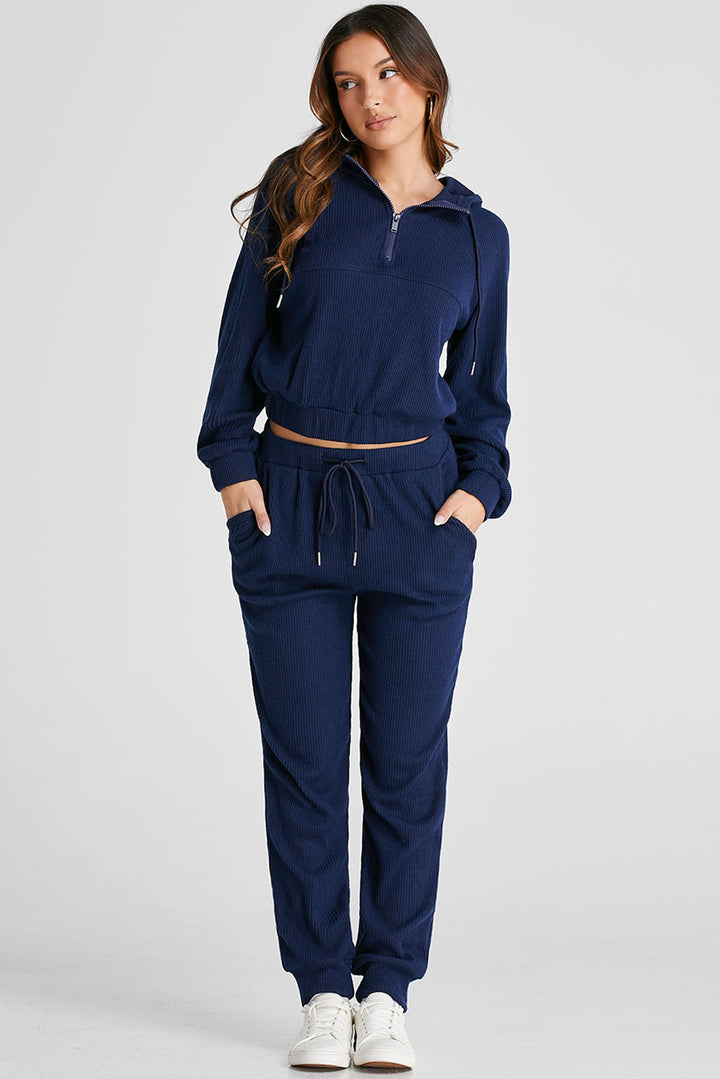Navy Blue Ribbed Knit Cropped Hoodie and Drawstring Joggers Set Dear-Lover Dropshipping