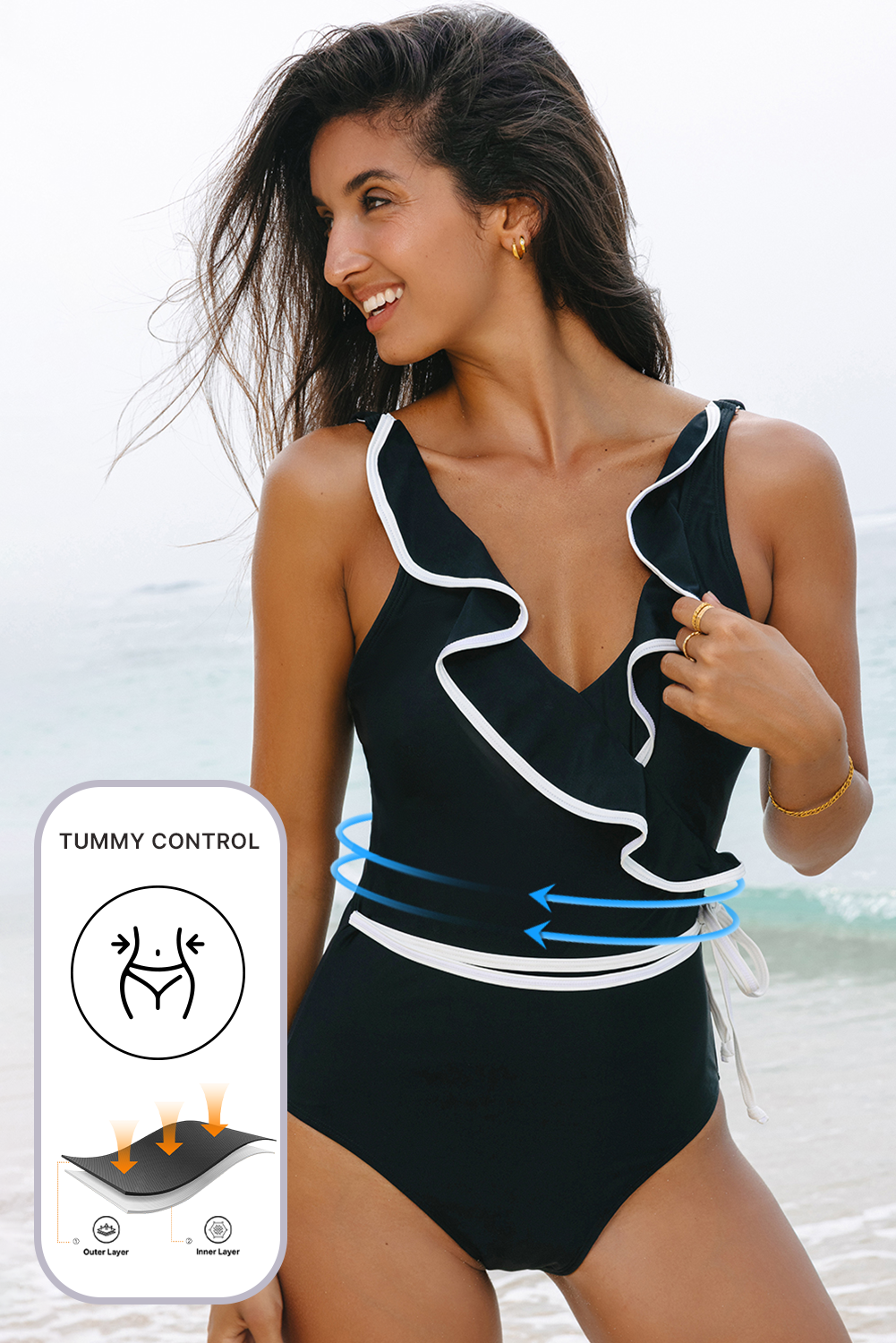 Black Color Contrast Ruffled Wrap V Neck Swimsuit Dear-Lover Dropshipping