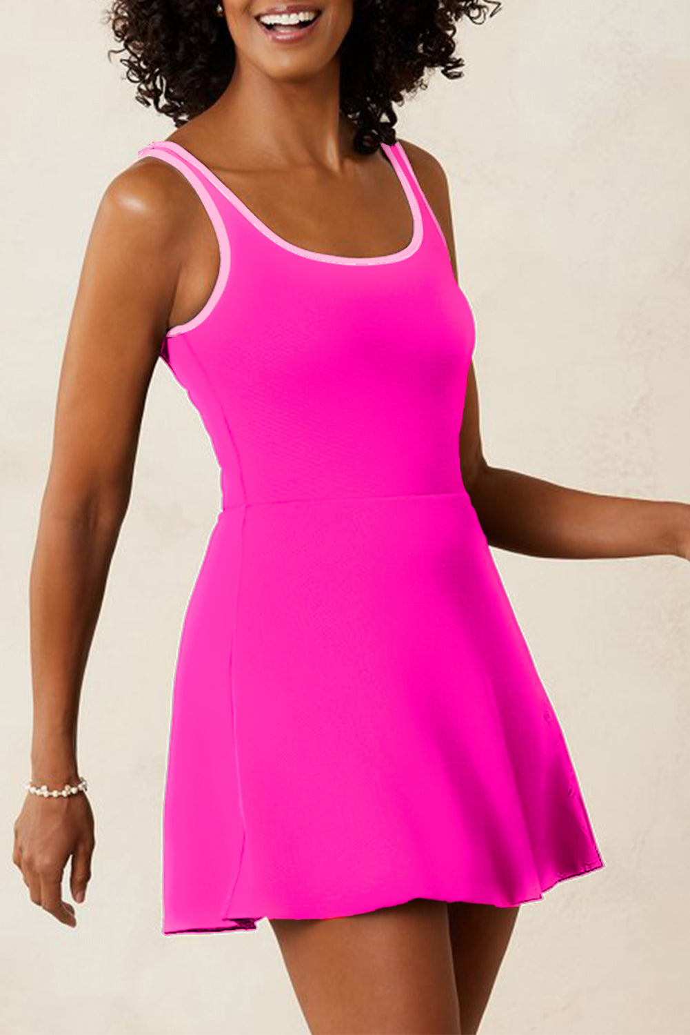 Rose Red Contrast Trim Neckline Active Shorts Attached One Piece Swim Dress Dear-Lover Dropshipping