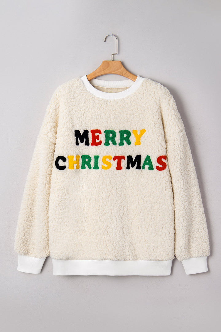 White MERRY CHRISTMAS Multicolor Embroidered Sherpa Pullover Sweatshirt Dear-Lover Dropshipping