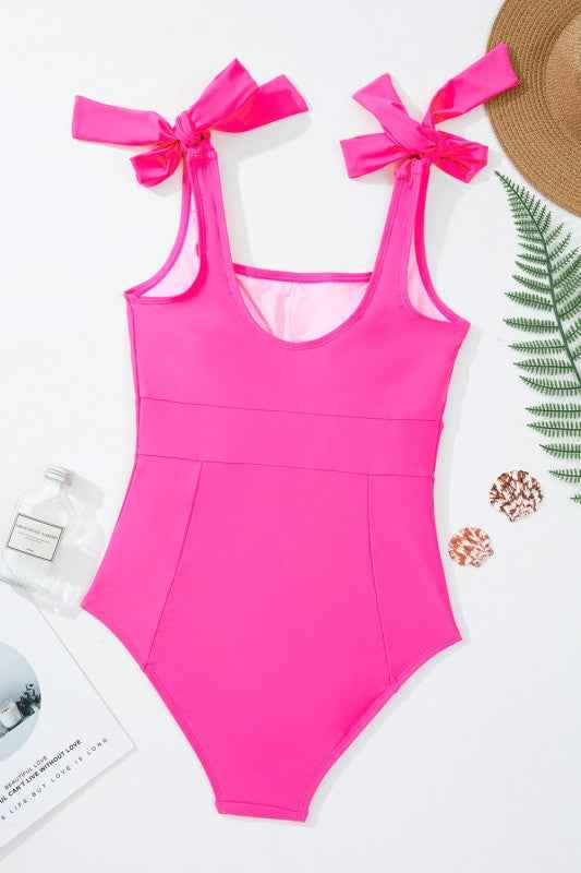 Solid Square Neck Tie Strap Open Back Swimsuit