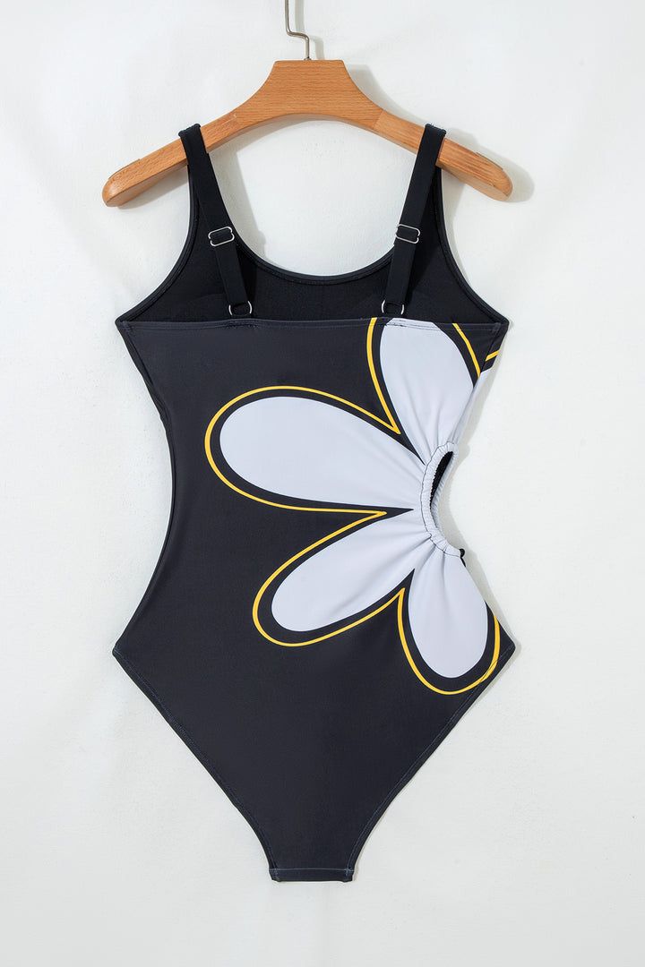 Black Drawstring Big Hole Floral Print Sleeveless One Piece Swimsuit Dear-Lover Dropshipping