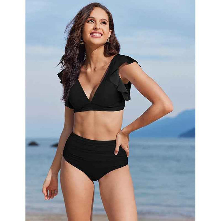 Women's Black Ruffle Sleeve Bikini Set, Plunge V-Neck Top & Ruched High Waist Bottom, 2 Piece Elegant Swimsuit