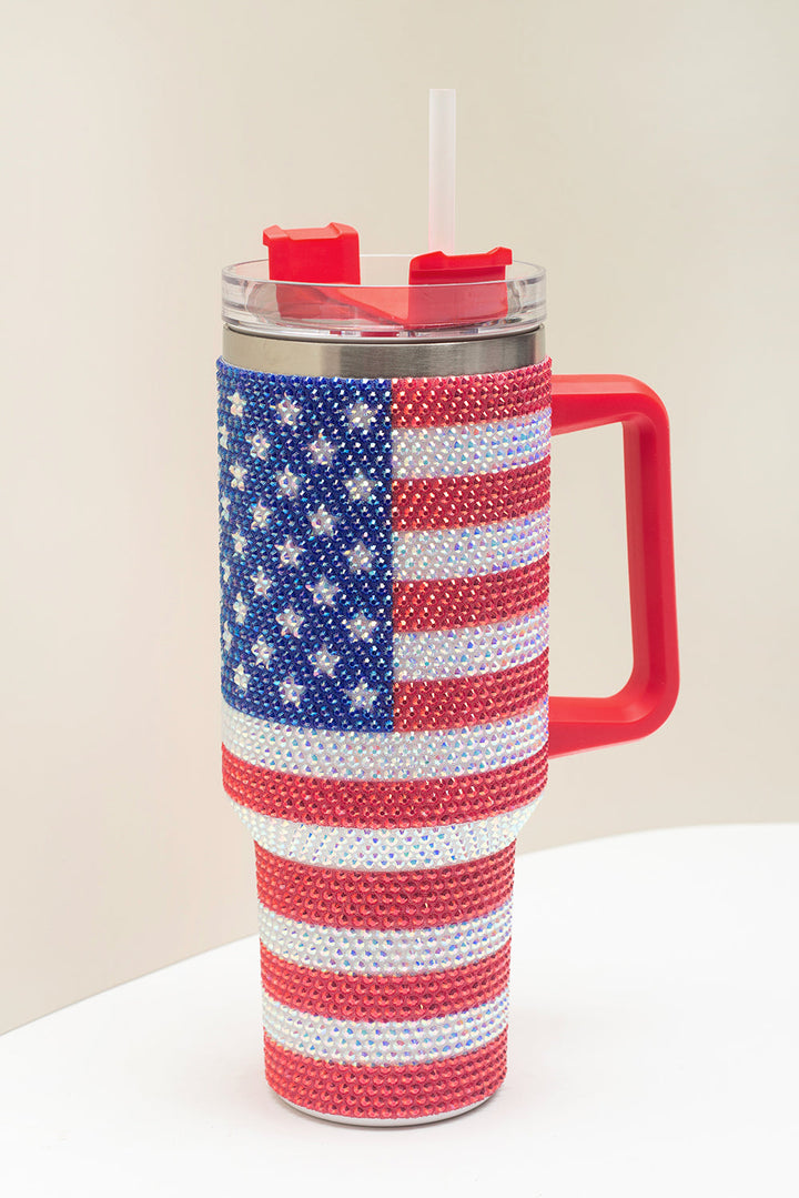 Red Rhinestone American Flag Print Handled 40oz Thermos Tumbler Dear-Lover Dropshipping