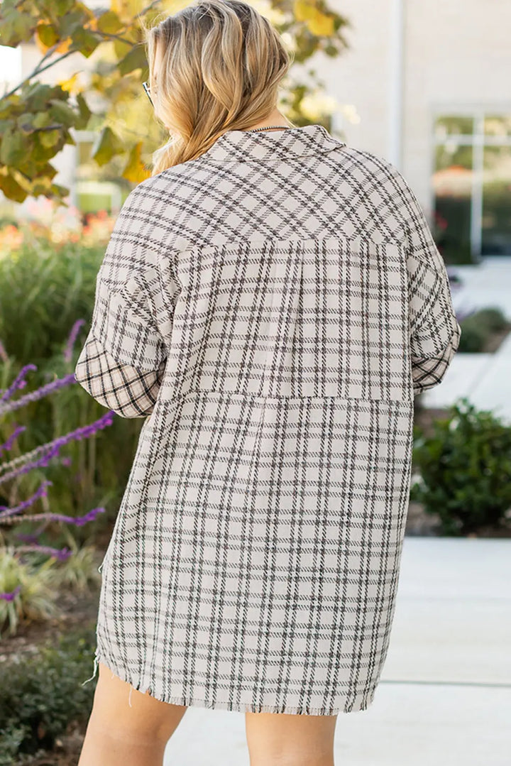 White Stripe Plus Size Plaid Buttoned Raw Hem Tunic Shirt Dress Dear-Lover Dropshipping