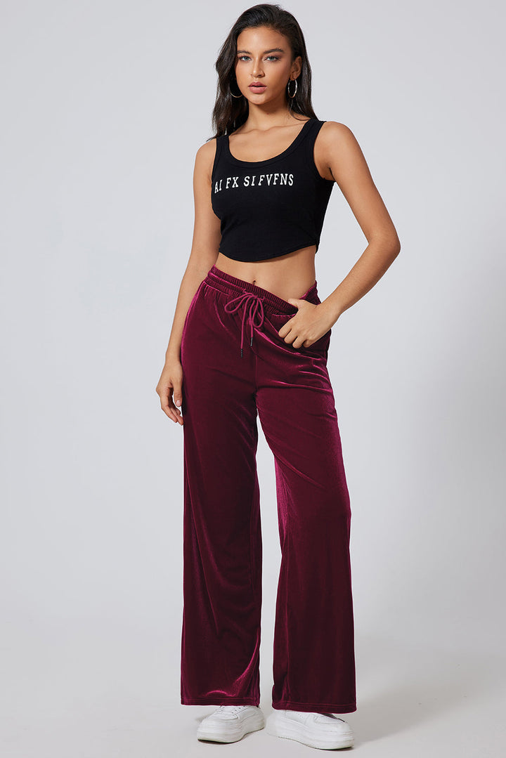 Burgundy Solid Drawstring Waist Wide Leg Pants Dear-Lover Dropshipping