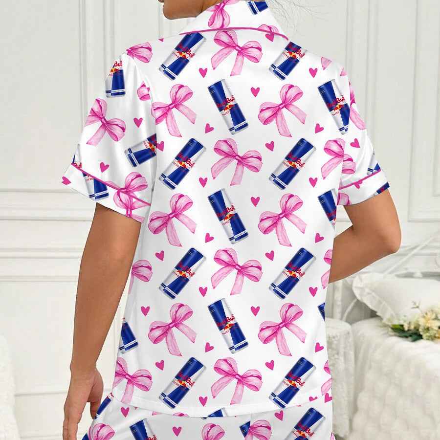 Fashionable Floral Blue Canister Bow Collar Short Sleeve Shorts Loose Sleepwear Women's Pajamas
