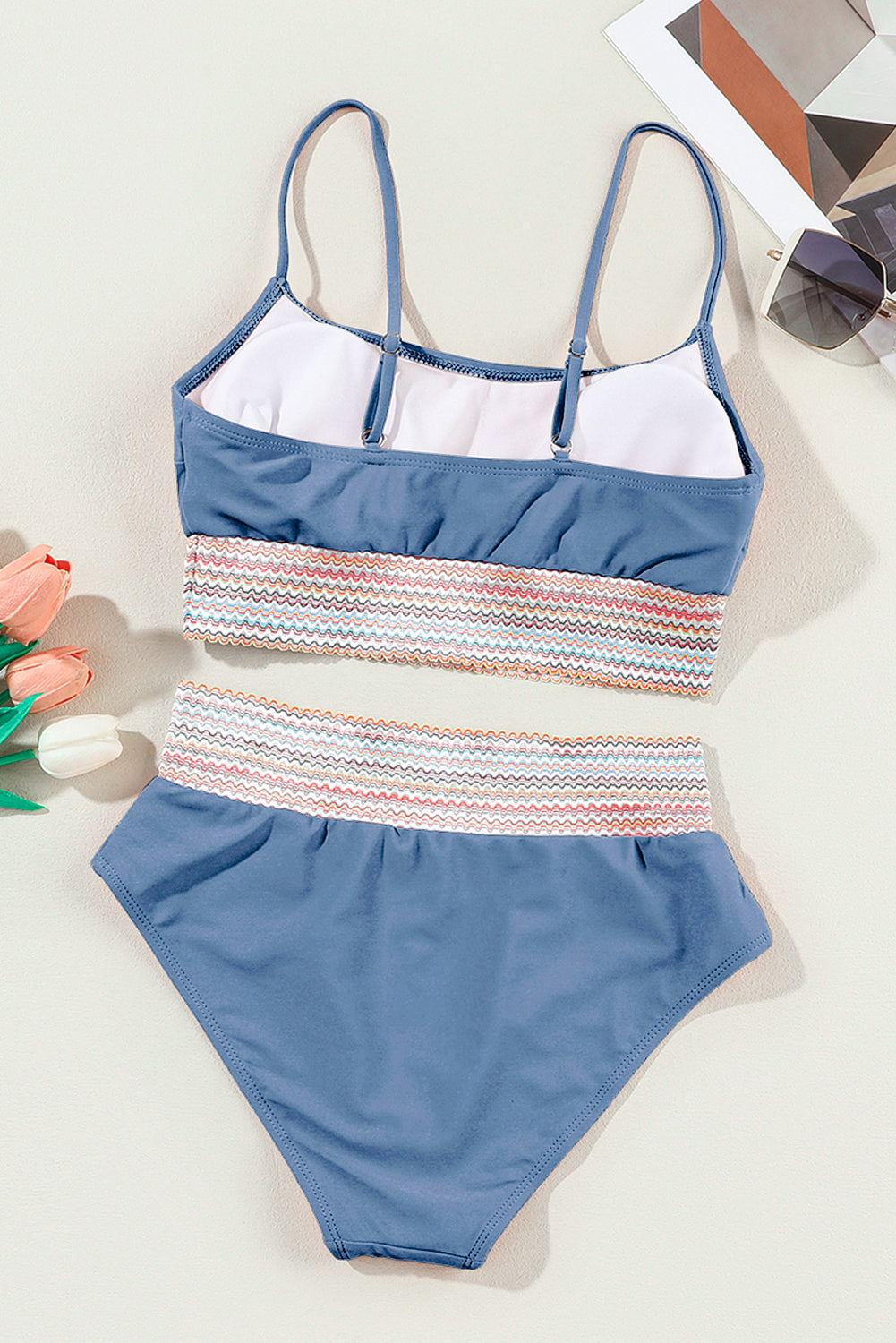 Dusk Blue Colorful Stitch Border Detail 2pcs High Waist Bikini Swimsuit Dear-Lover Dropshipping
