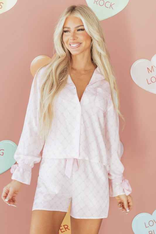Bow Tie Lattice Top and Shorts Pajama Set