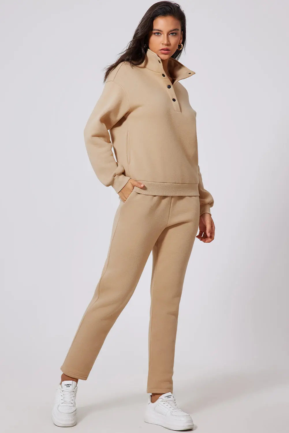 Parchment Solid Half Button Sweatshirt and High Waist Sweatpants Set Dear-Lover Dropshipping