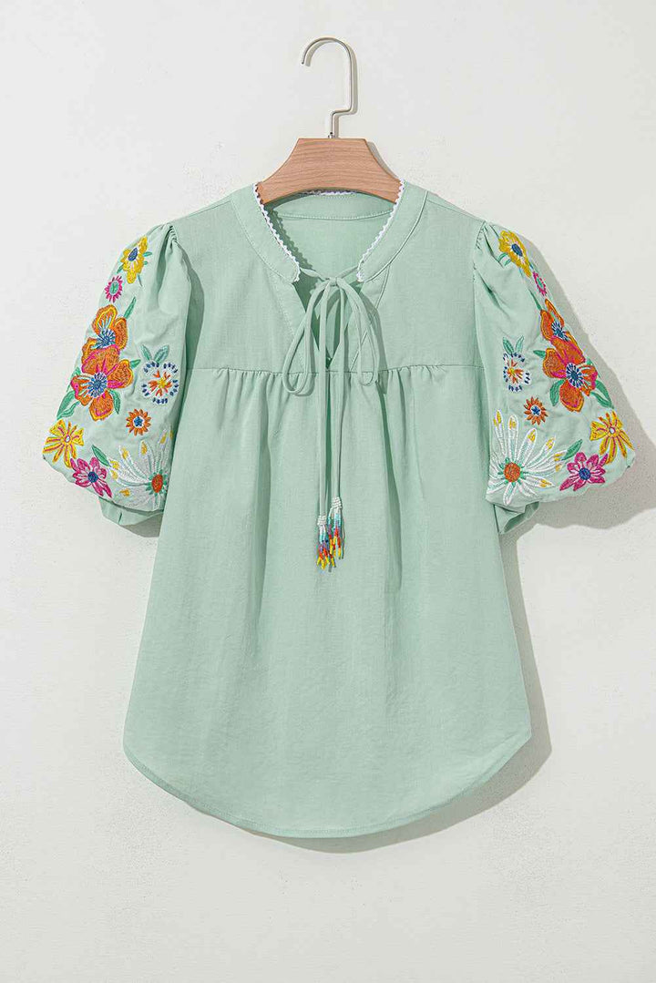 Clearly Aqua Floral Embroidered Puff Sleeve Split Neck Blouse