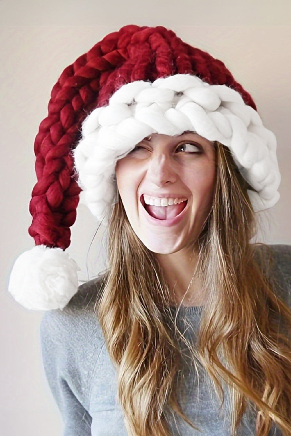 Dearlove Red Dahlia Color Block Pom Pom Decor Chunky Knitted Christmas Hat Dear-Lover Dropshipping