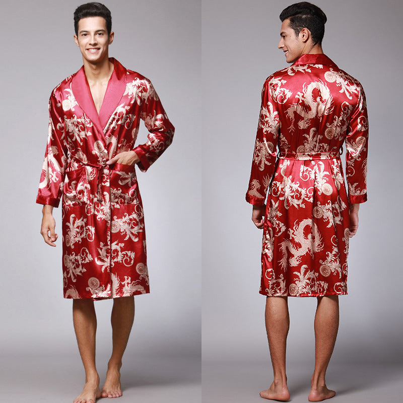 Nightgown Silk Ice Silk Men's Pajamas Men's Long Sleeve Nightgown Bathrobes Home Clothing eprolo
