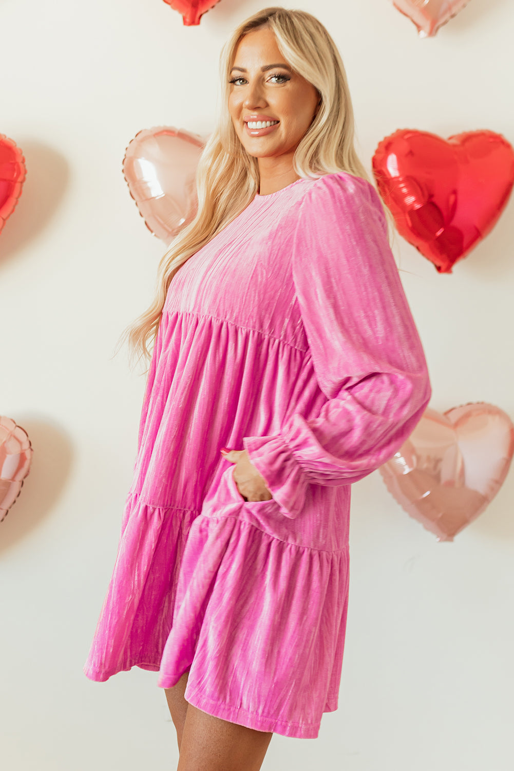 Strawberry Pink Flounce Sleeve Tiered Ruffled Velvet Mini Dress Dear-Lover Dropshipping