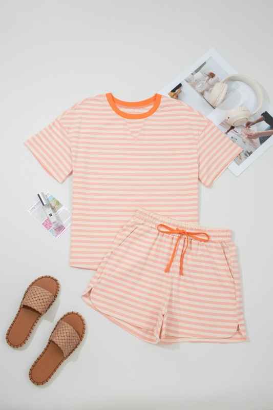 Stripe Neck Loose Tee & Drawstring Shorts Set