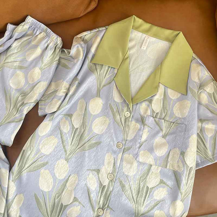 Tulip Short Sleeve Trousers Pajamas French Imitation Silk Women's Home Wear