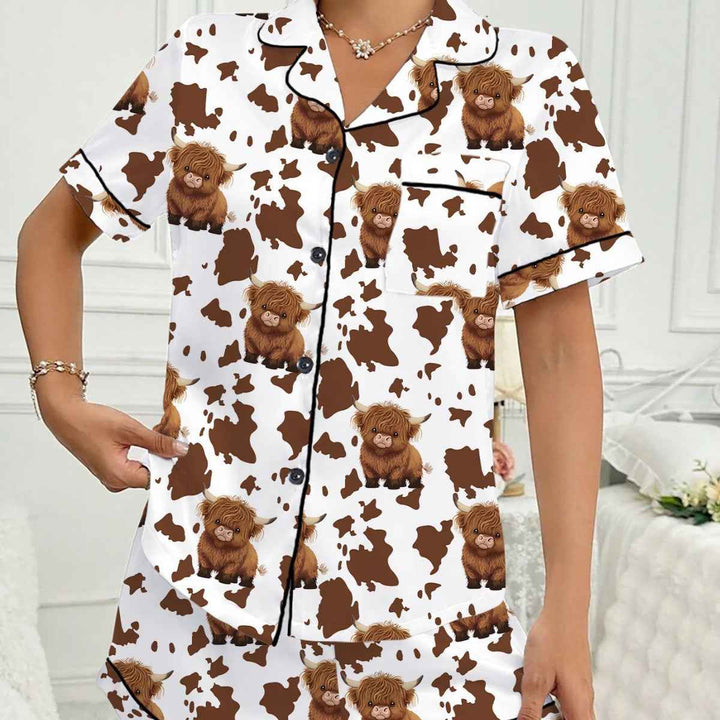 Brown Highlands Cow Flip Collar Loose Milk Silk Short Sleeve Shorts Women's Pajamas Loungewear