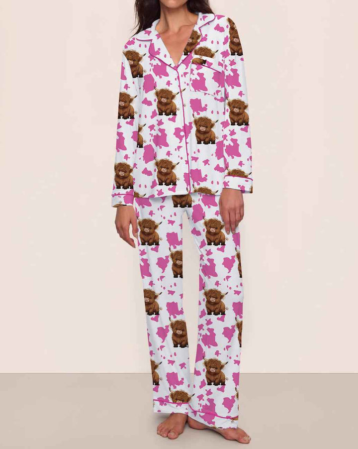 Comfortable Brown Cow Print Milk Silk Long Sleeve Long Pants Pajamas for Women, Cozy Home Wear Set