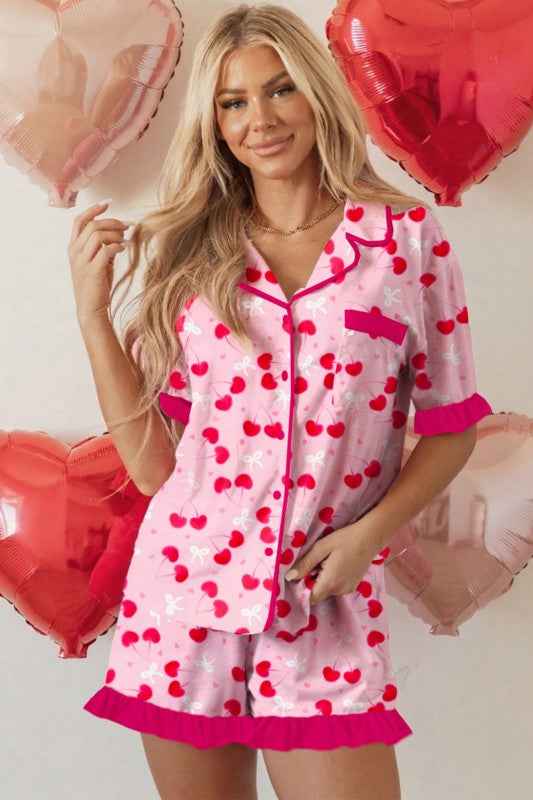 Cherry Bow Tie Top and Shorts Pajama Set
