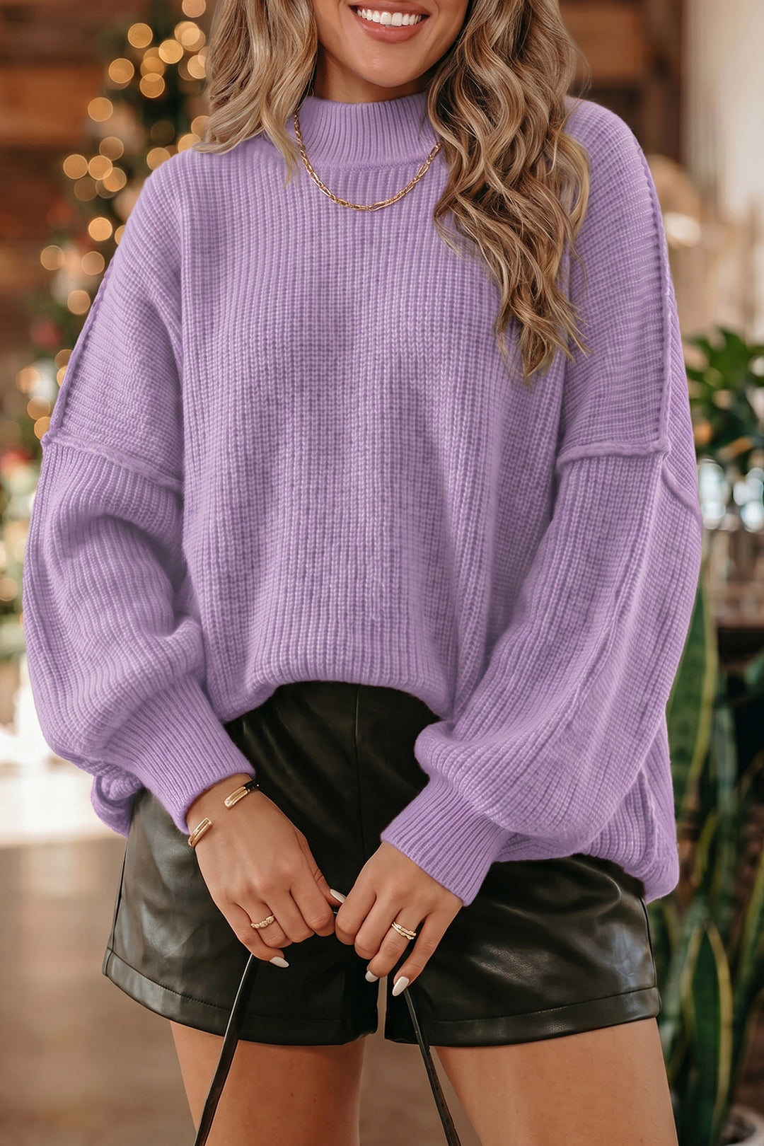 Chestnut Solid Color Mock Neck Oversized Tunic Sweater Dear-Lover Dropshipping