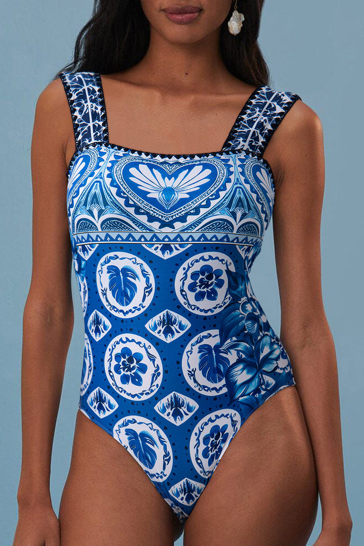 Blue Tile Pattern Ricrac Wide Straps Sheath One Piece Swimsuit Dear-Lover Dropshipping