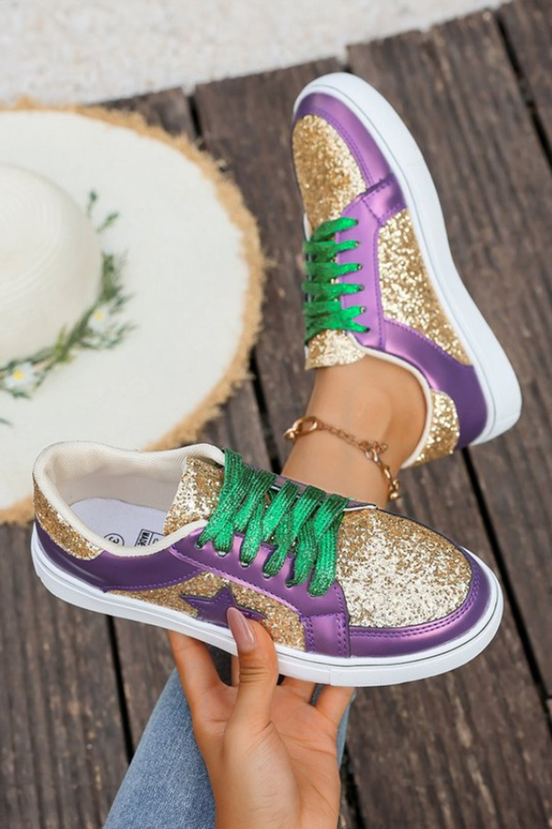 Tillandsia Purple Dearlove Glitter Star Patchwork PU Leather Lace-up Sneakers Dear-Lover Dropshipping