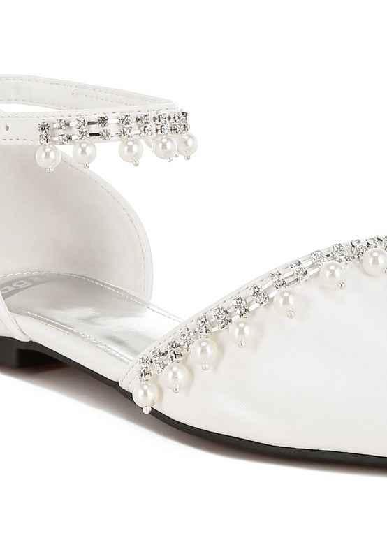 Aouva Rhinestone & Pearl Ankle Strap Flat Sandals