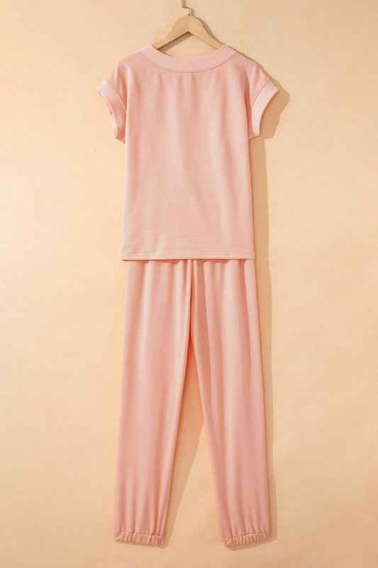 Solid V-Neck Tee & Drawstring Pants Set