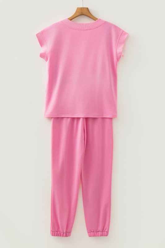 Solid V-Neck Tee & Drawstring Pants Set