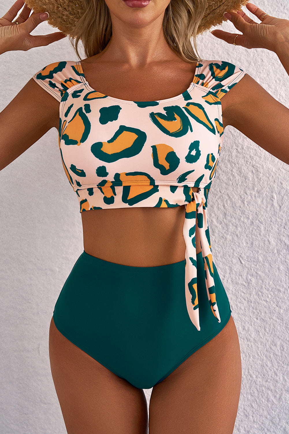 Green Leopard Print U Neck Knotted High Waist Bikini Set Dear-Lover Dropshipping