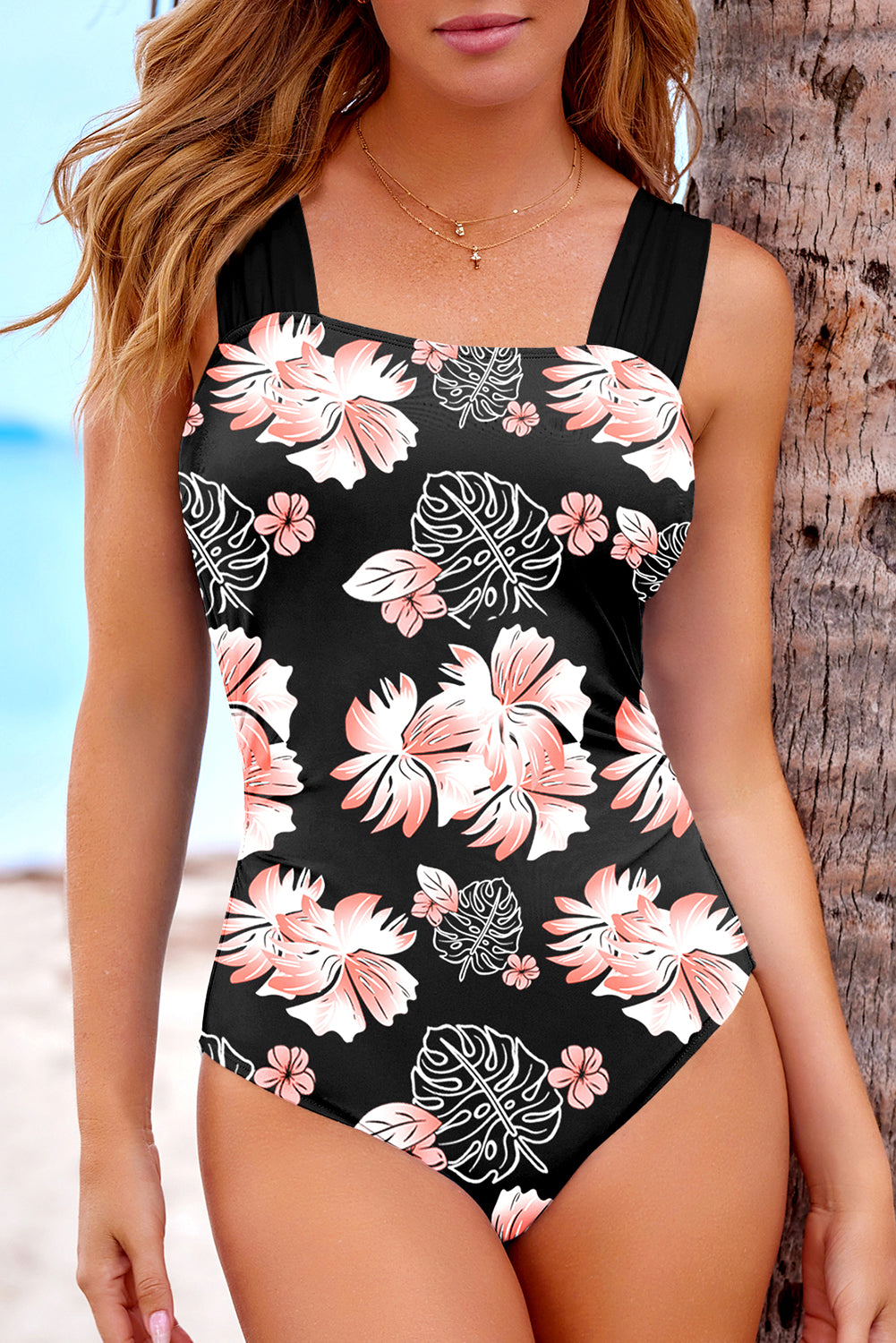 Black Floral Print Square Neck Ruched Tommy Control One Piece Swimsuit Dear-Lover Dropshipping