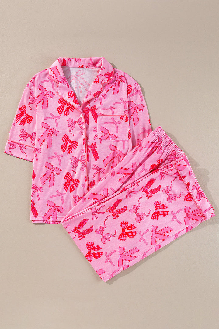Pink Bow Knot Print Lapel Collar Short Sleeve and Pants Pajamas Set Dear-Lover Dropshipping