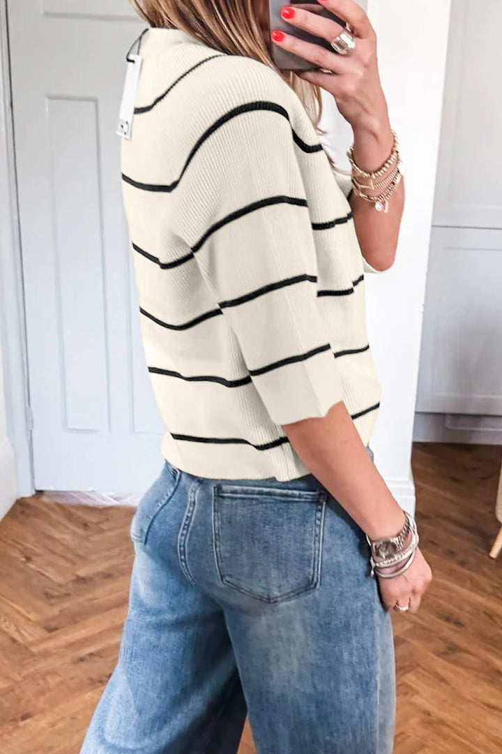 White Stripe Ribbed Knit Half Sleeve Loose Sweater Tee Dear-Lover Dropshipping