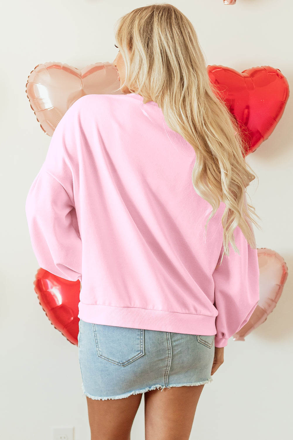 Light Pink Embroidered Bow Lantern Sleeve Oversized Pullover Sweatshirt Dear-Lover Dropshipping