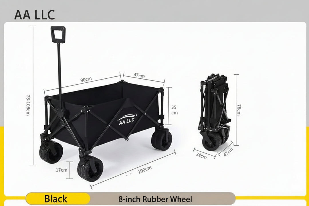 Black folding utility wagon with dimensions shown on a white background, plus small feature callout panels at the bottom describing 8-inch rubber wheels, brake PU wheels, double bearing front wheel, Oxford fabric, and high density pad.