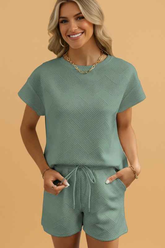 Textured Short-Sleeve Top & Drawstring Shorts Set