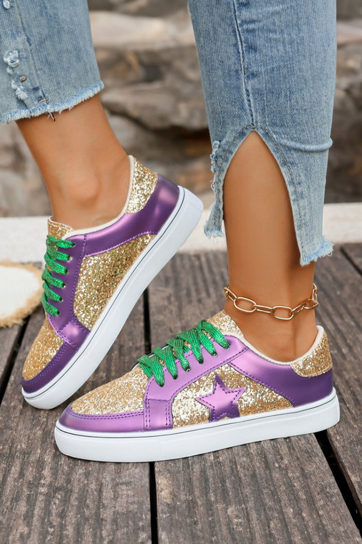 Tillandsia Purple Dearlove Glitter Star Patchwork PU Leather Lace-up Sneakers Dear-Lover Dropshipping