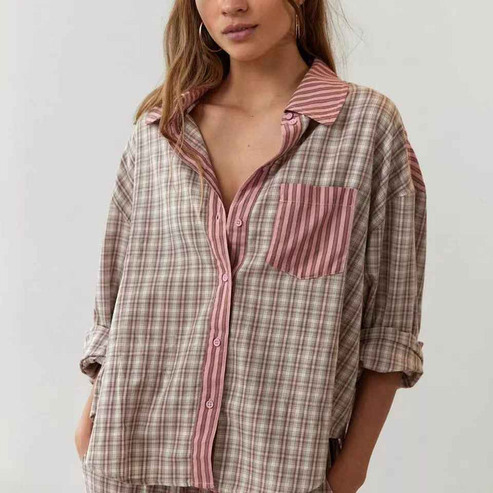 Women's casual home wear plaid shirt set pajamas long sleeved