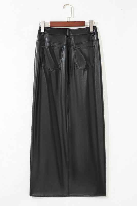 Solid Faux Leather Side Slit Maxi Skirt