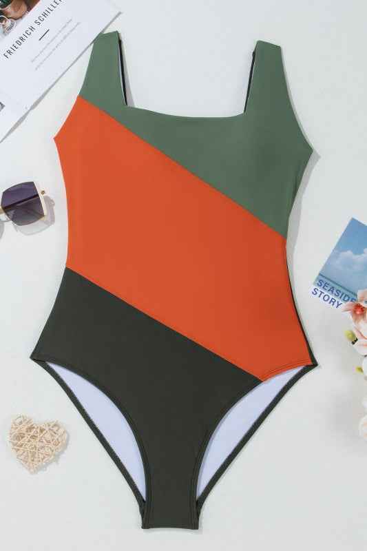 Colorblock Padded Square Neck One Piece Swimsuit