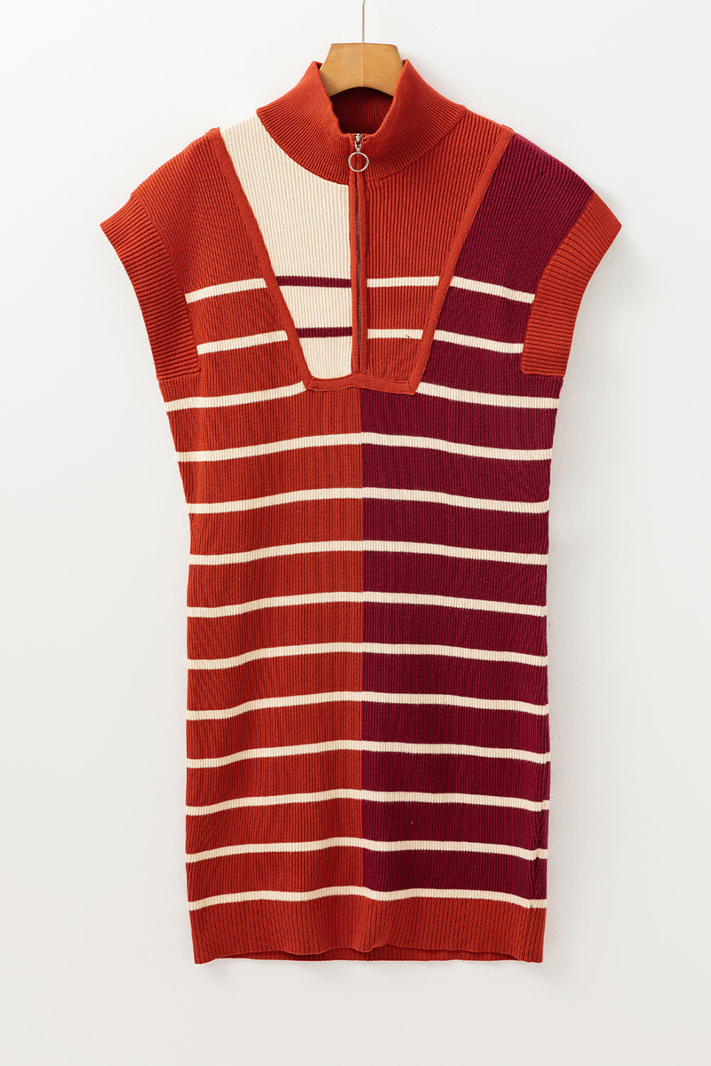 Brown Stripe Color Block Quarter Zip Collar Short Sleeve Sweater Dress Dear-Lover Dropshipping