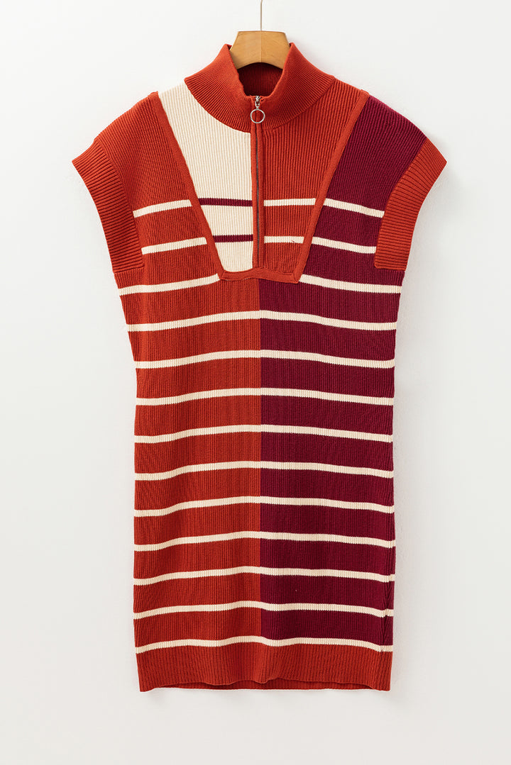 Brown Stripe Color Block Quarter Zip Collar Short Sleeve Sweater Dress Dear-Lover Dropshipping