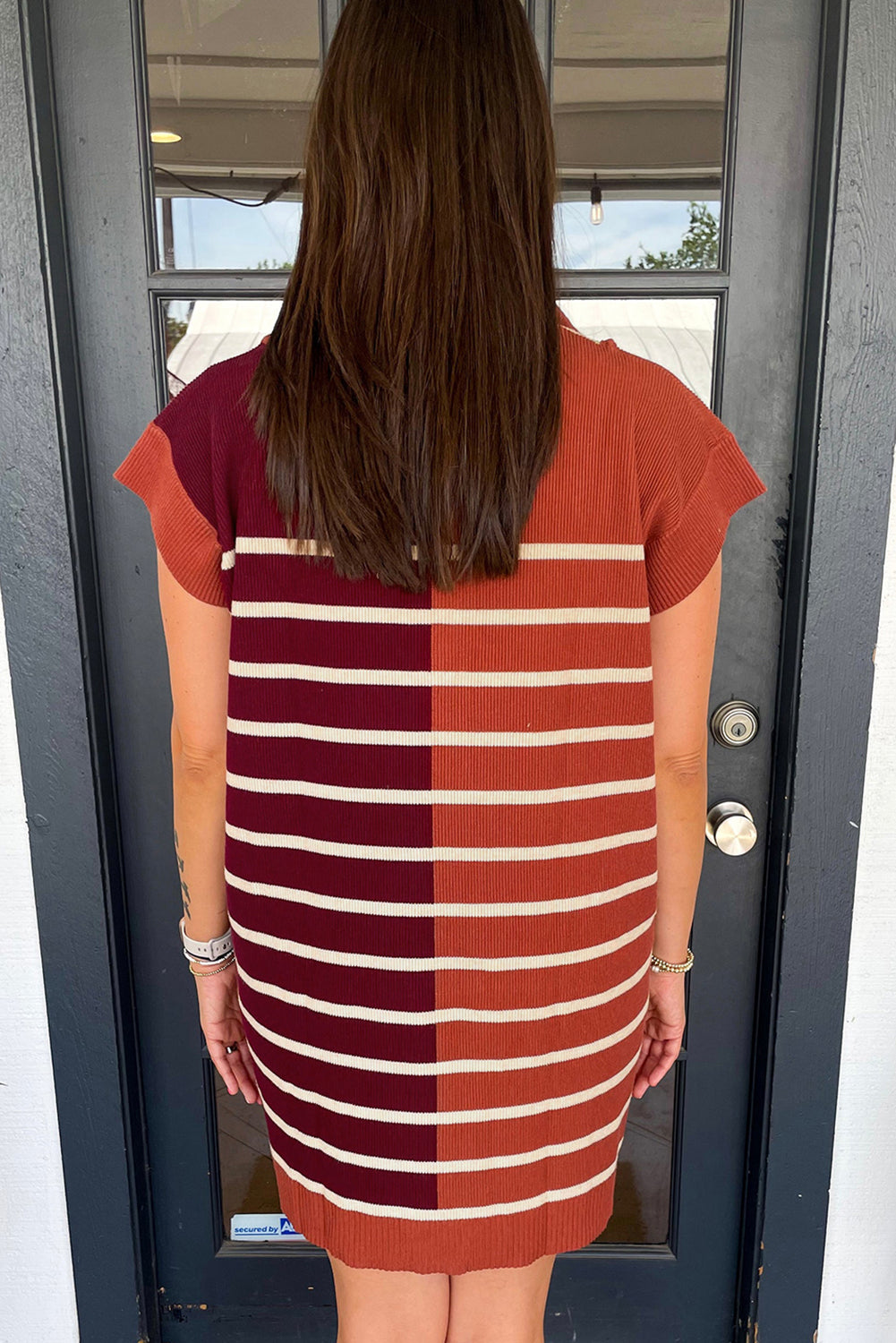 Brown Stripe Color Block Quarter Zip Collar Short Sleeve Sweater Dress Dear-Lover Dropshipping