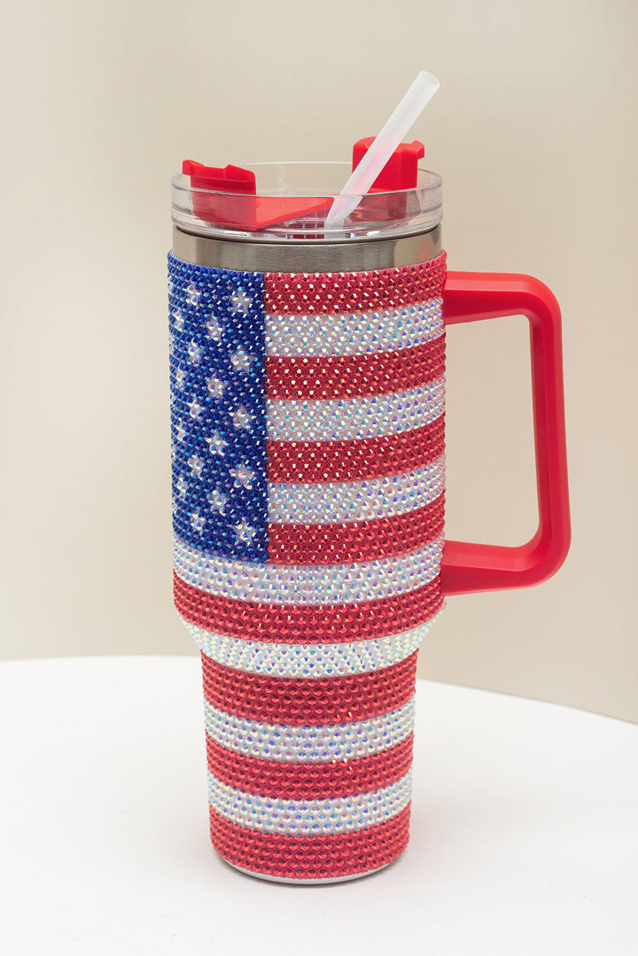 Red Rhinestone American Flag Print Handled 40oz Thermos Tumbler Dear-Lover Dropshipping