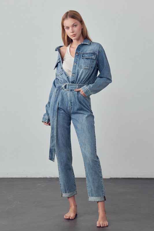 Belted Collared Button Front Denim Jumpsuit