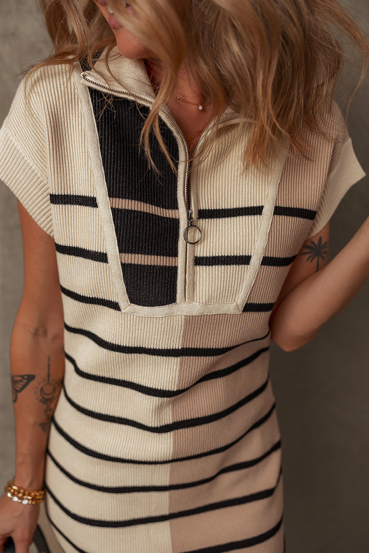 Khaki Stripe Color Block Quarter Zip Collar Short Sleeve Sweater Dress Dear-Lover Dropshipping