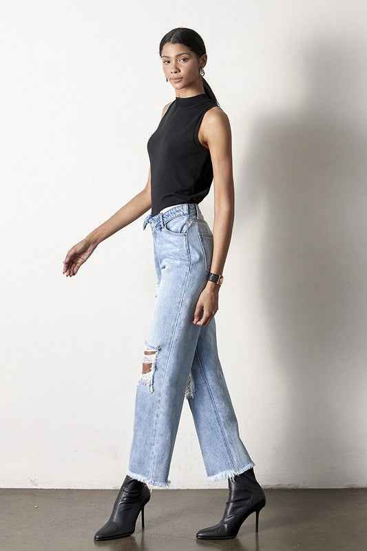 Frayed Flip Waist Straight Jeans