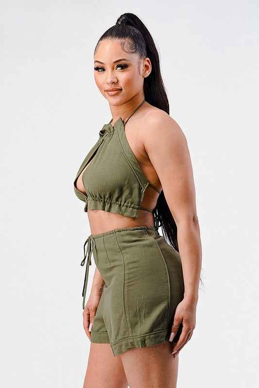 Sexy casual two pcs crop top and short set