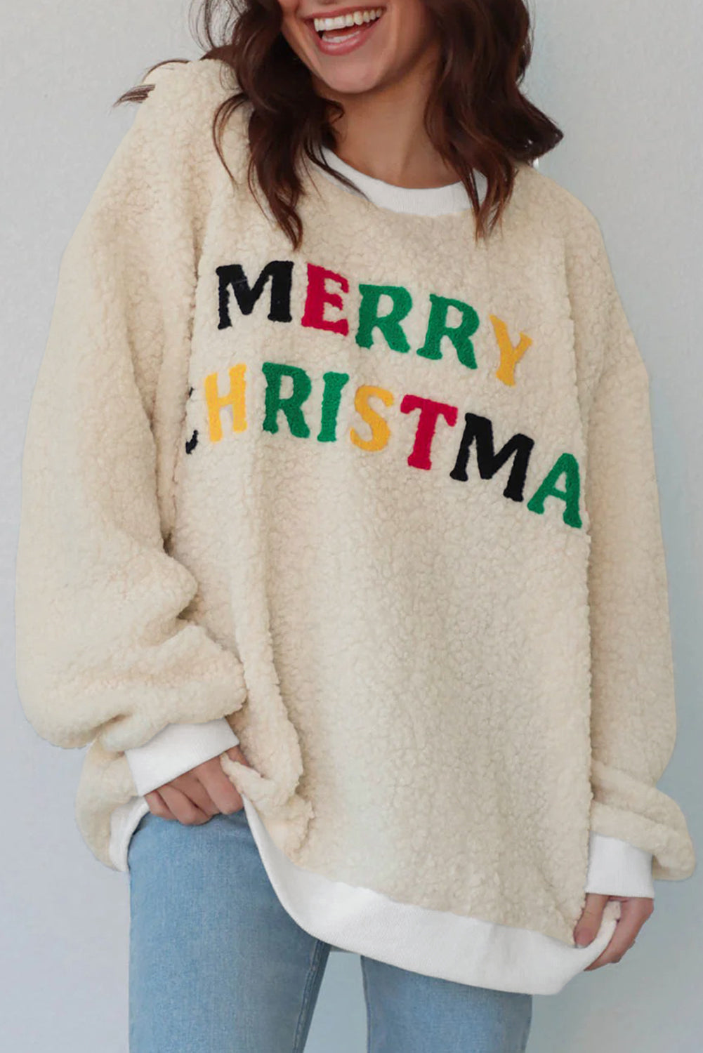 White MERRY CHRISTMAS Multicolor Embroidered Sherpa Pullover Sweatshirt Dear-Lover Dropshipping