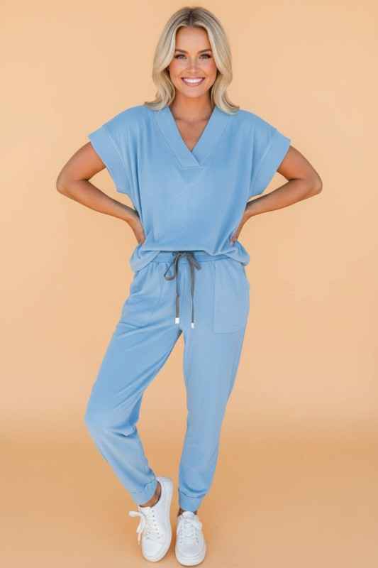 Solid V-Neck Tee & Drawstring Pants Set